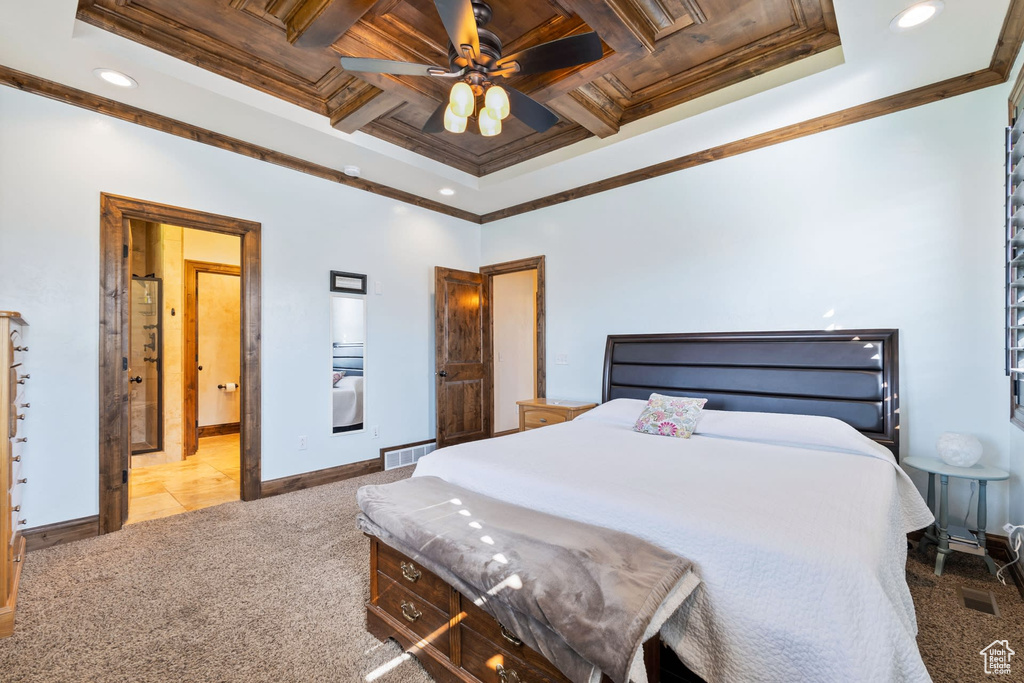 Tiled bedroom featuring coffered ceiling, ornamental molding, wooden ceiling, and ceiling fan