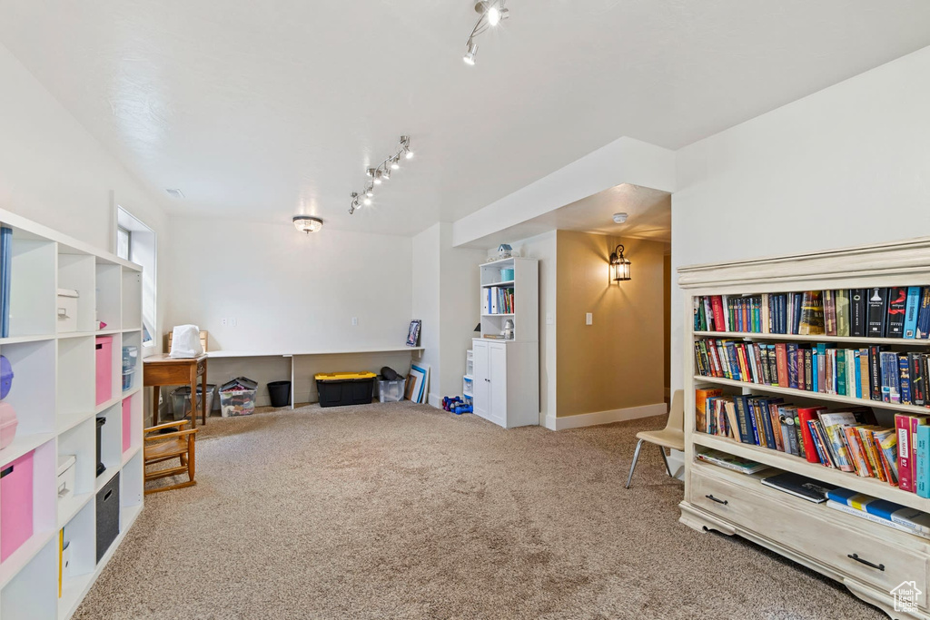 Recreation room featuring track lighting and light carpet