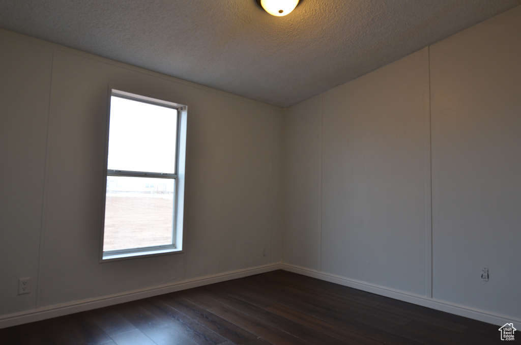Unfurnished room with dark hardwood / wood-style floors, a textured ceiling, and a wealth of natural light