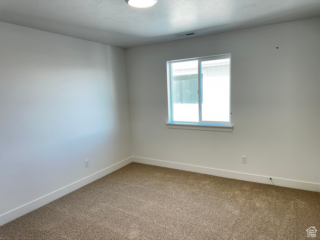 Unfurnished room with light carpet and a textured ceiling