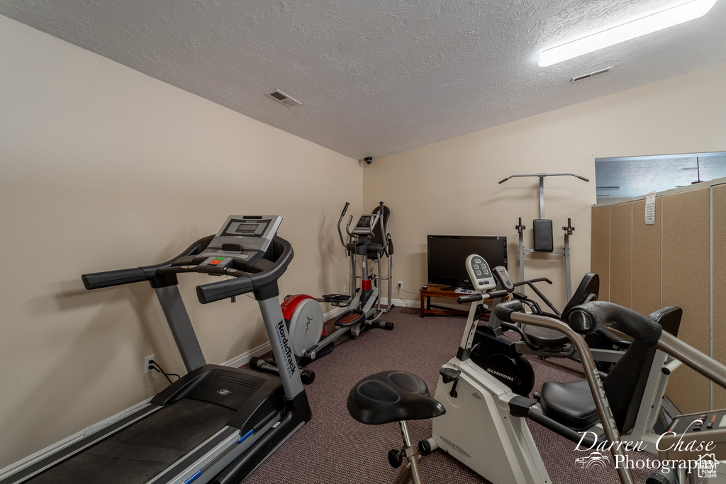 Workout area with a textured ceiling, carpet, and vaulted ceiling
