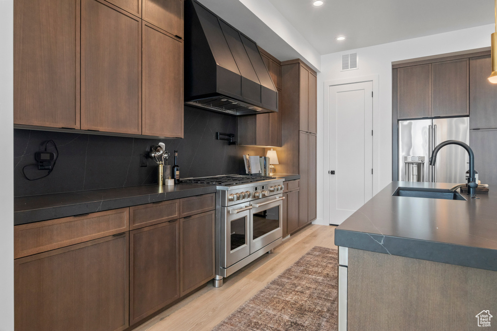 Kitchen featuring backsplash, custom range hood, light hardwood / wood-style floors, sink, and high end appliances