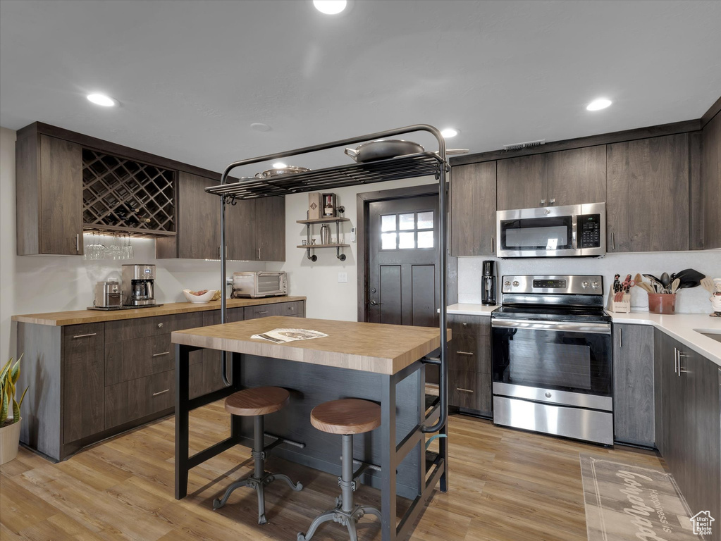 Kitchen with wood counters, stainless steel appliances, light wood-type flooring, and a kitchen bar