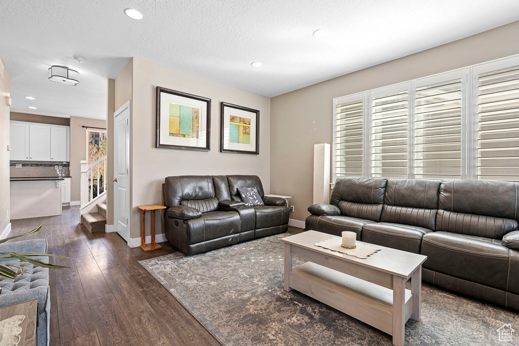 Living room with dark hardwood / wood-style floors and a healthy amount of sunlight