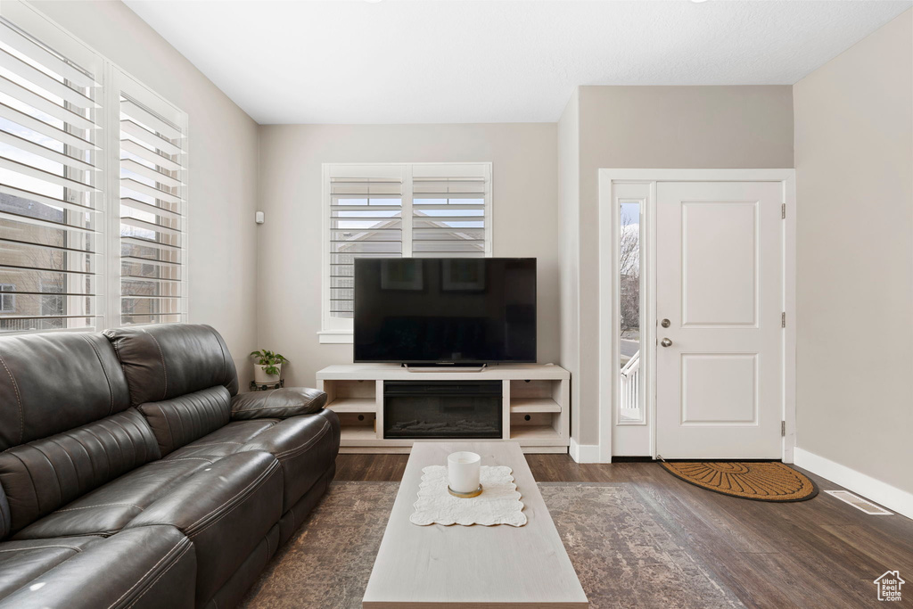 Living room with dark hardwood / wood-style flooring