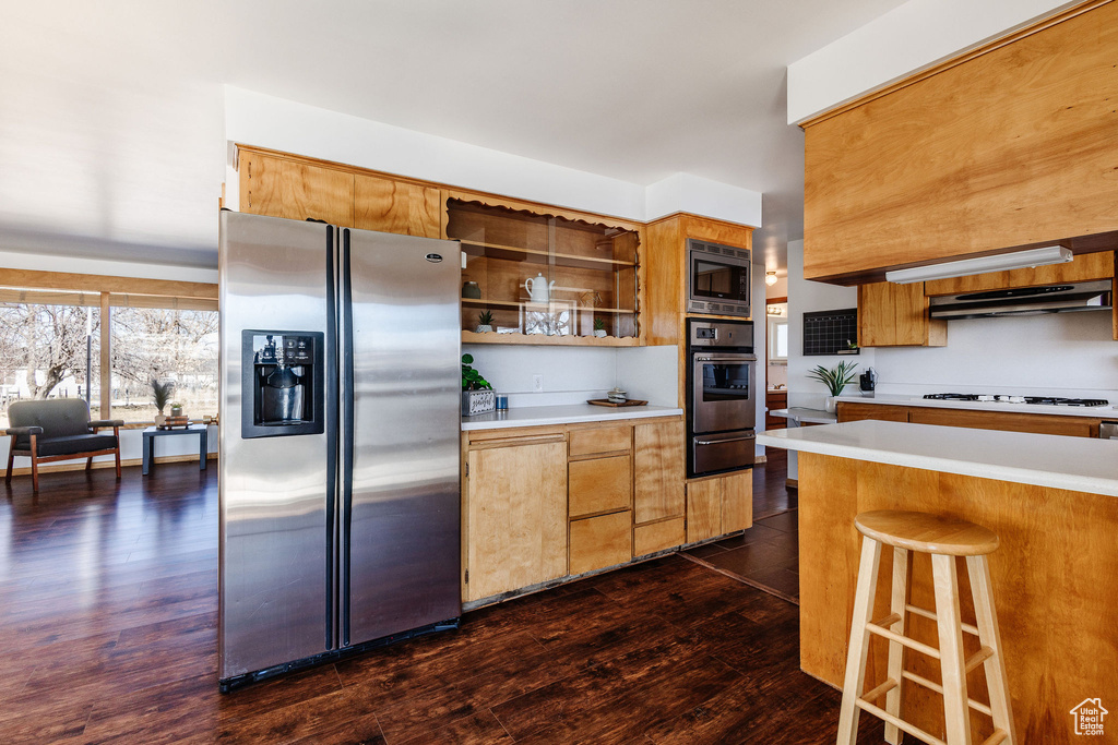 Kitchen featuring stainless steel appliances, a breakfast bar, and dark wood-type flooring