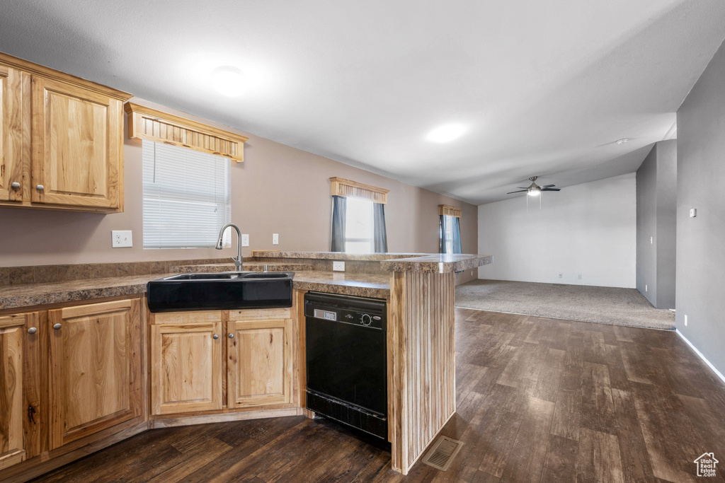 Kitchen featuring dark carpet, dishwasher, sink, and ceiling fan