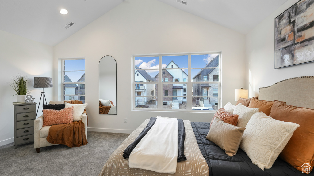 Bedroom with light colored carpet, multiple windows, and high vaulted ceiling