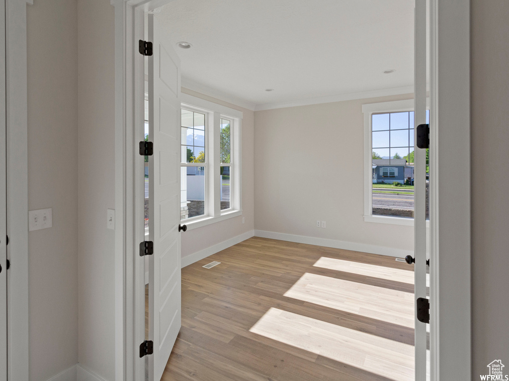 Empty room featuring crown molding, light wood-type flooring, and plenty of natural light