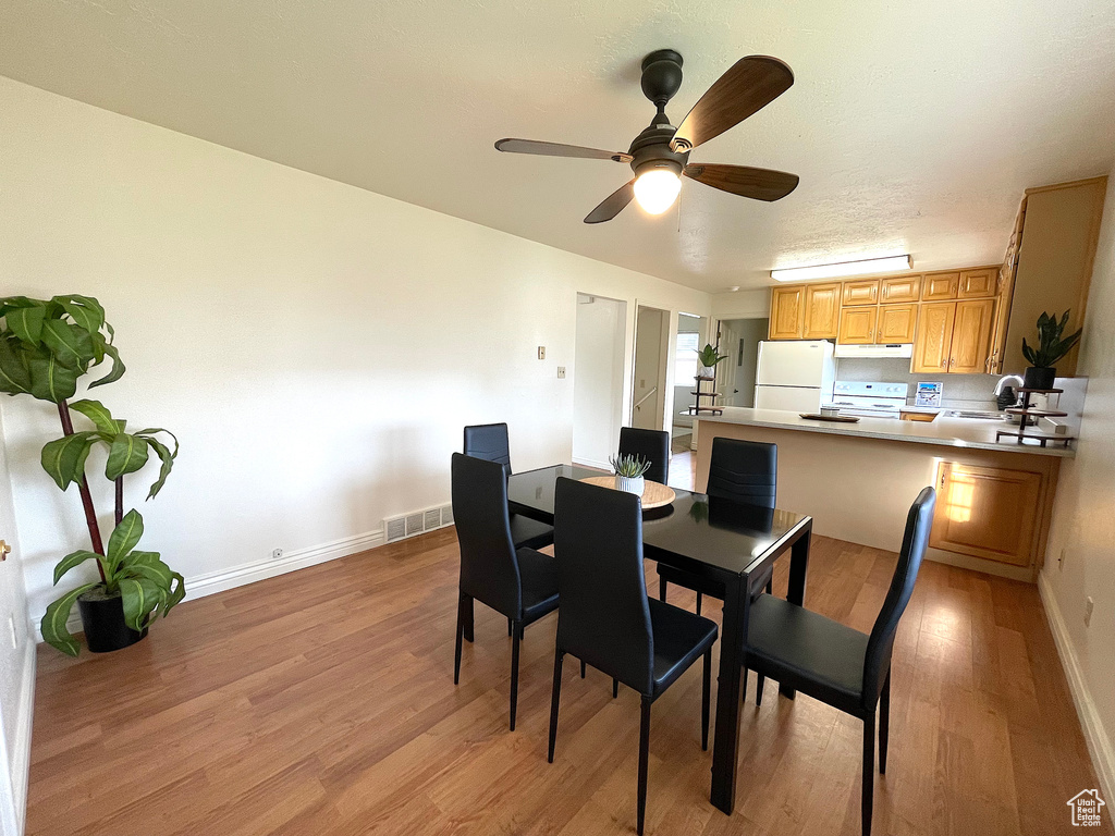 Dining room featuring ceiling fan, light hardwood / wood-style flooring, and sink