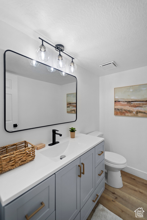 Bathroom with vanity, toilet, a textured ceiling, and hardwood / wood-style floors