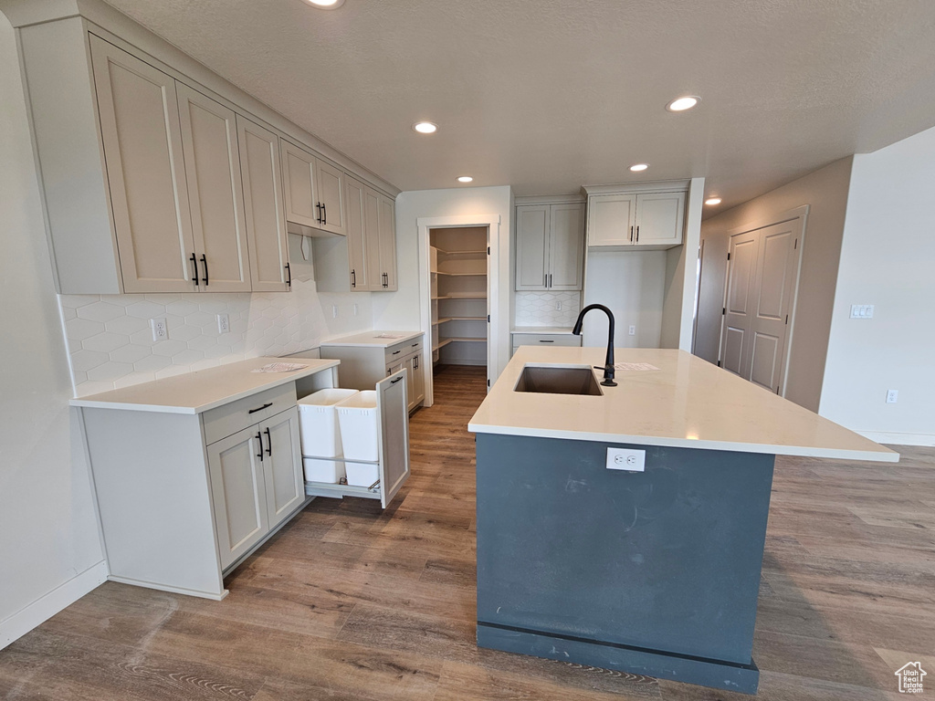 Kitchen with sink, a center island with sink, backsplash, and hardwood / wood-style flooring