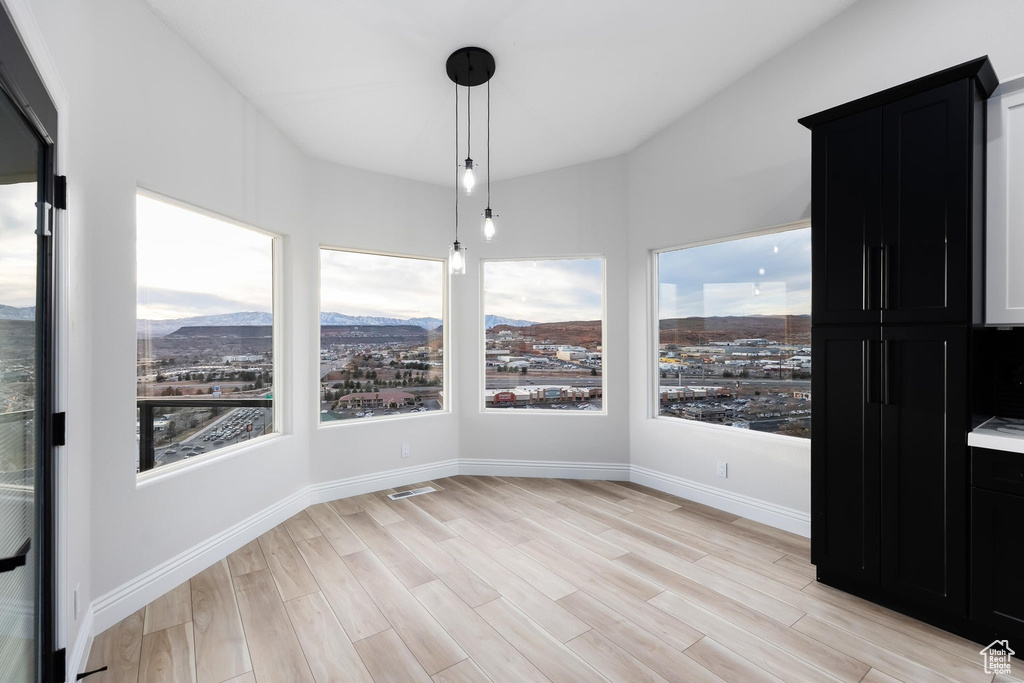 Unfurnished room with a mountain view, light hardwood / wood-style flooring, and plenty of natural light
