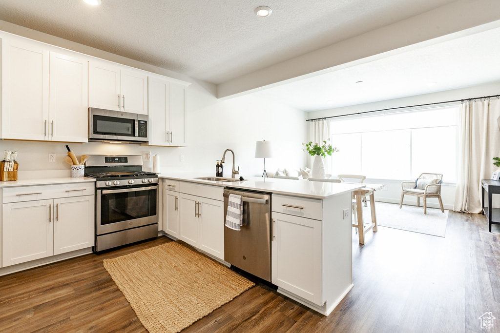 Kitchen featuring white cabinets, kitchen peninsula, stainless steel appliances, dark hardwood / wood-style floors, and sink