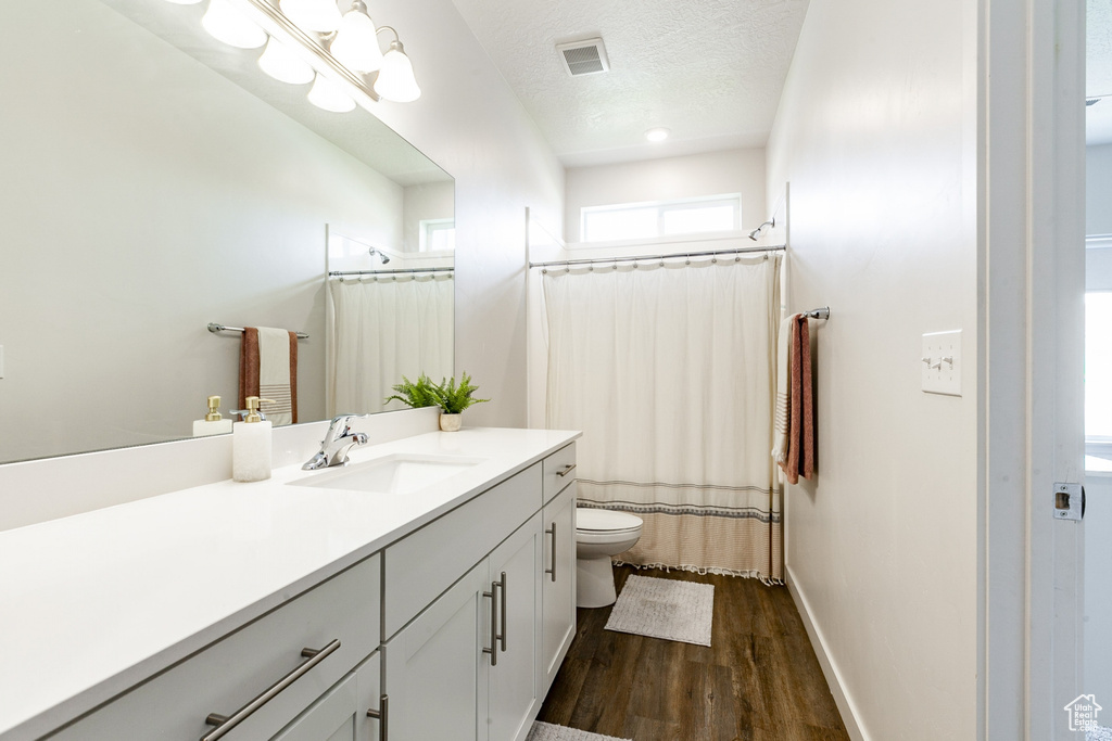 Bathroom featuring hardwood / wood-style flooring, a textured ceiling, toilet, and vanity