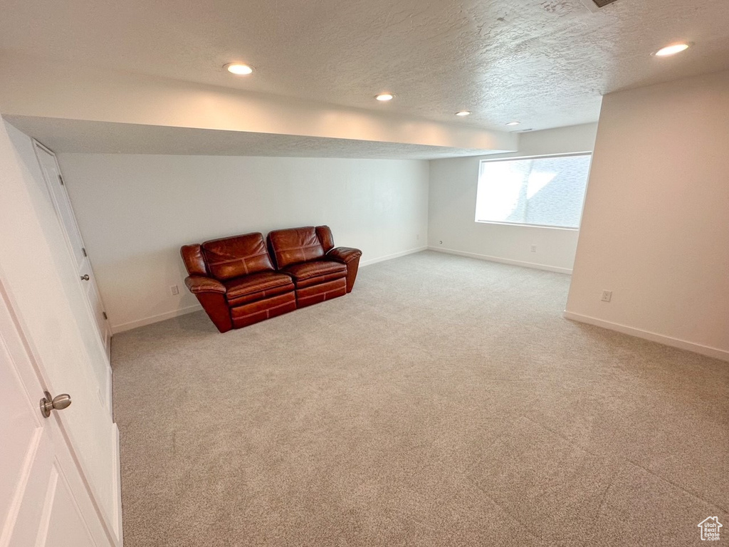 Interior space with light colored carpet and a textured ceiling