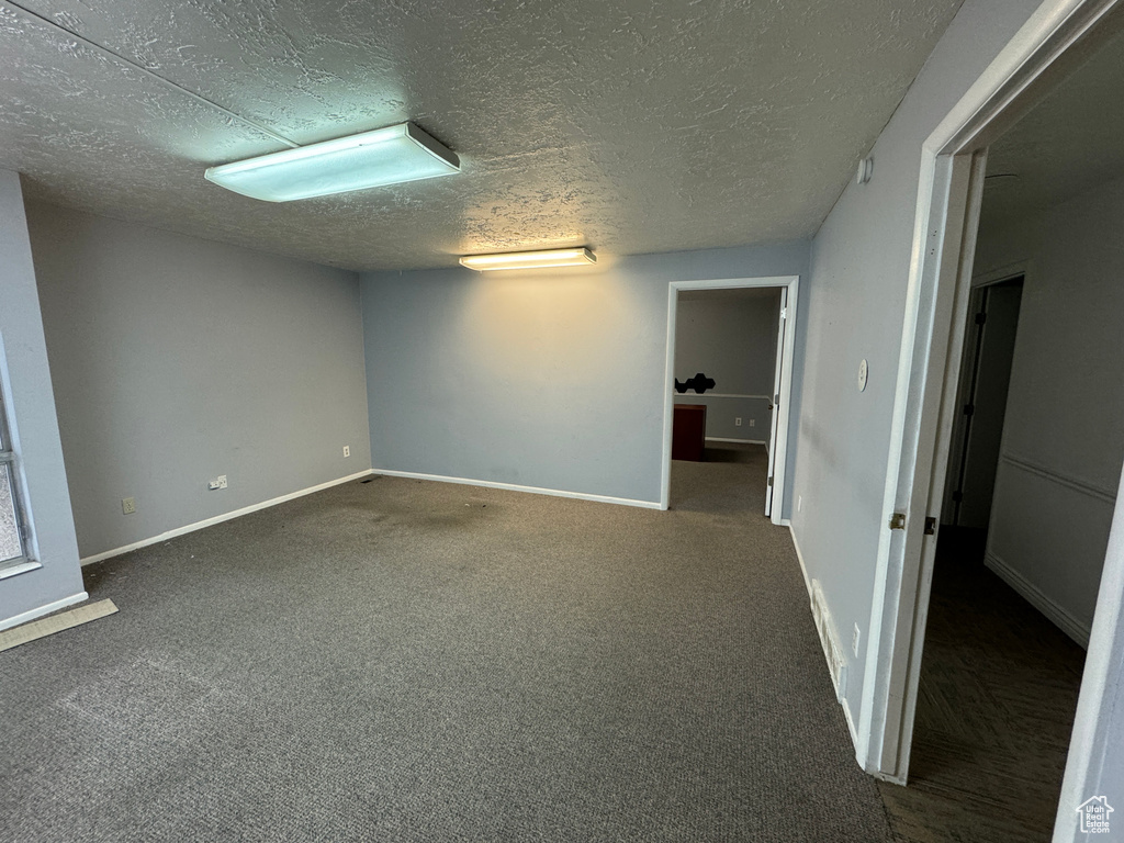 Interior space featuring dark colored carpet and a textured ceiling
