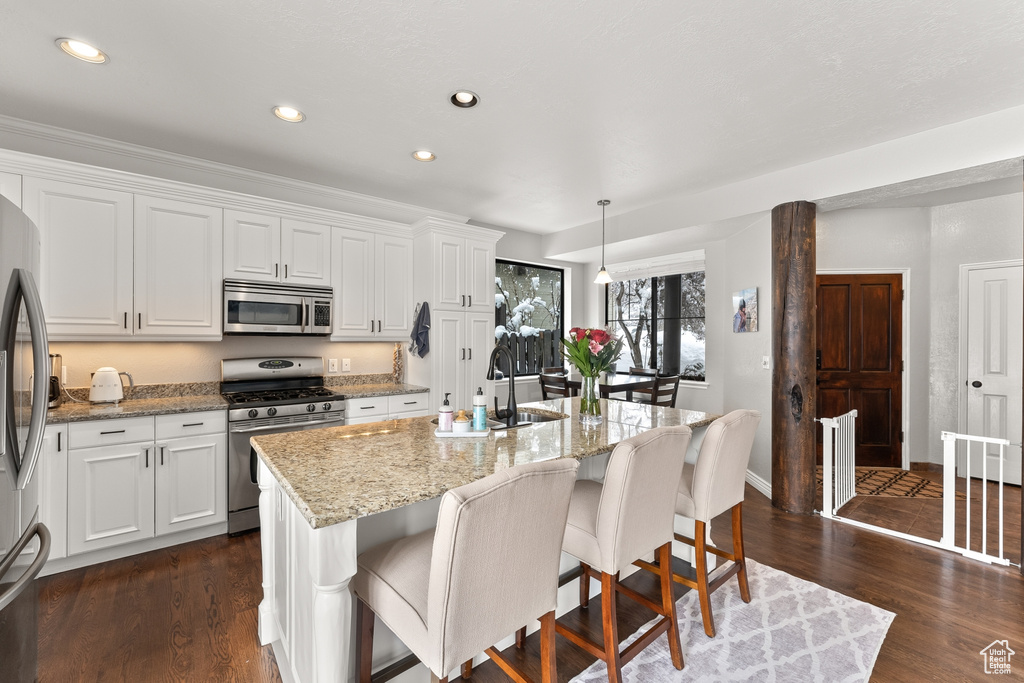 Kitchen featuring pendant lighting, dark hardwood / wood-style flooring, stainless steel appliances, and white cabinets
