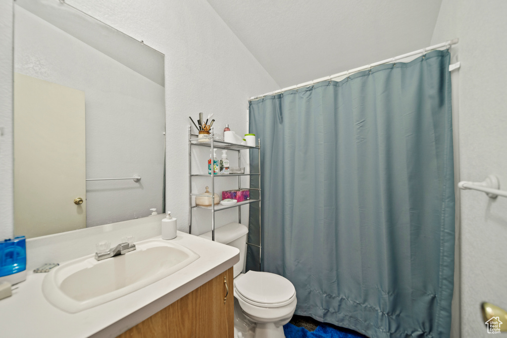 Bathroom featuring vanity, toilet, and vaulted ceiling