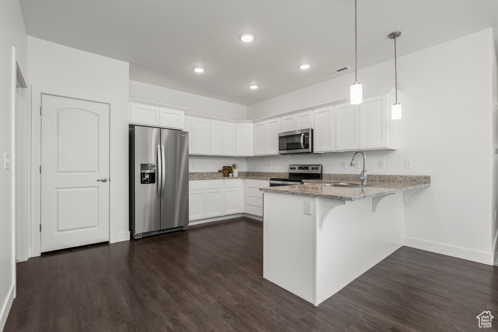 Kitchen with kitchen peninsula, stainless steel appliances, dark wood-type flooring, pendant lighting, and light stone countertops