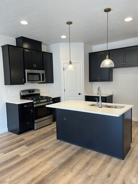 Kitchen featuring hanging light fixtures, a kitchen island with sink, light wood-type flooring, appliances with stainless steel finishes, and sink