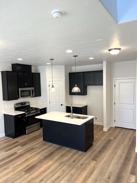 Kitchen with appliances with stainless steel finishes, sink, light hardwood / wood-style floors, an island with sink, and pendant lighting