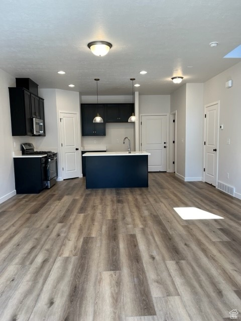 Kitchen with wood-type flooring, a kitchen island with sink, and range with gas cooktop