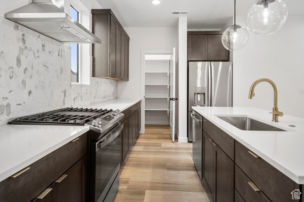 Kitchen featuring backsplash, stainless steel appliances, light hardwood / wood-style floors, decorative light fixtures, and wall chimney exhaust hood