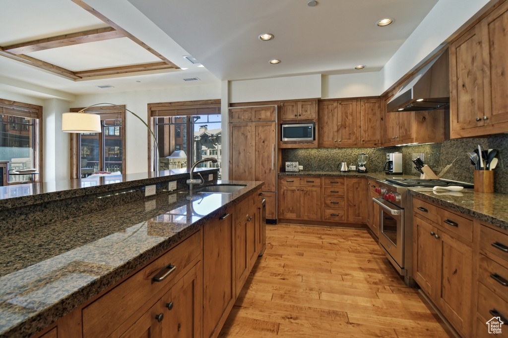 Kitchen with backsplash, a raised ceiling, appliances with stainless steel finishes, light hardwood / wood-style floors, and sink
