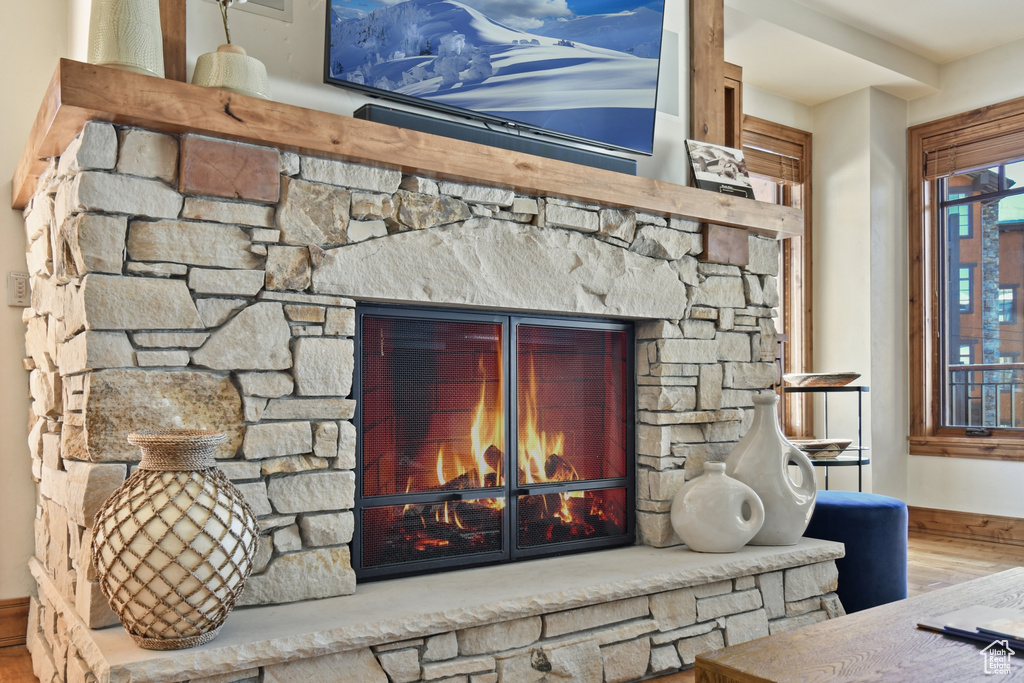 Details featuring a stone fireplace and hardwood / wood-style floors