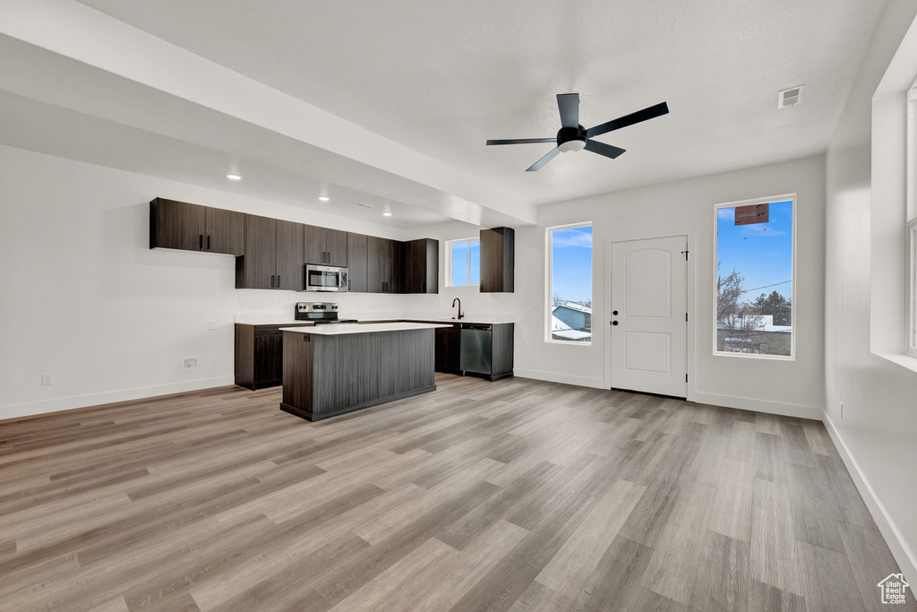 Kitchen with ceiling fan, a kitchen island, light wood-type flooring, stainless steel appliances, and dark brown cabinets