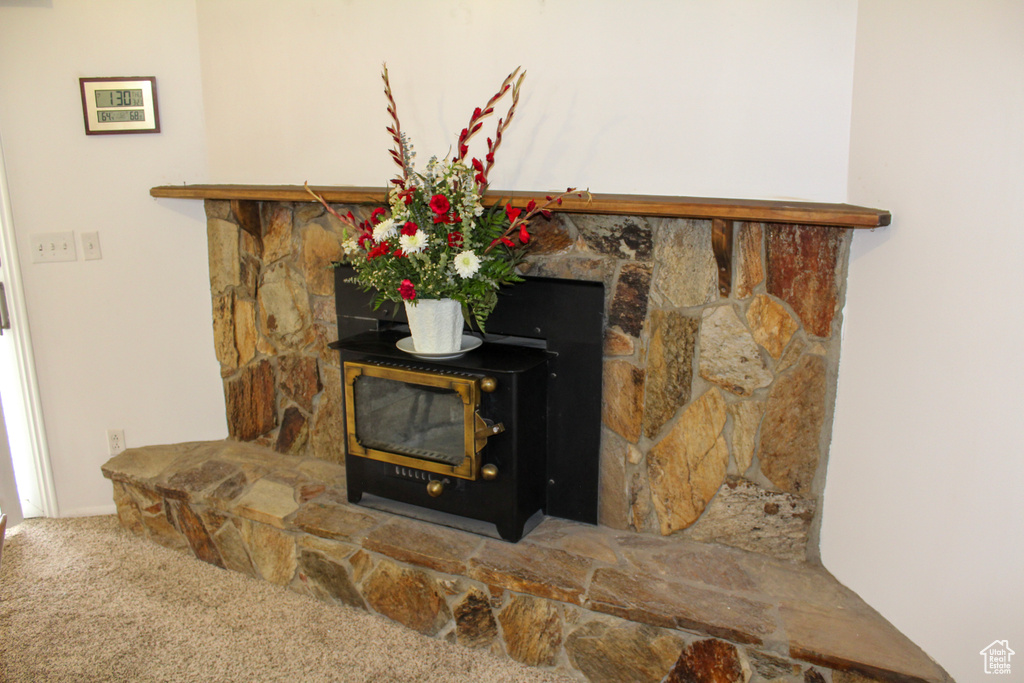 Room details with a fireplace, a wood stove, and carpet