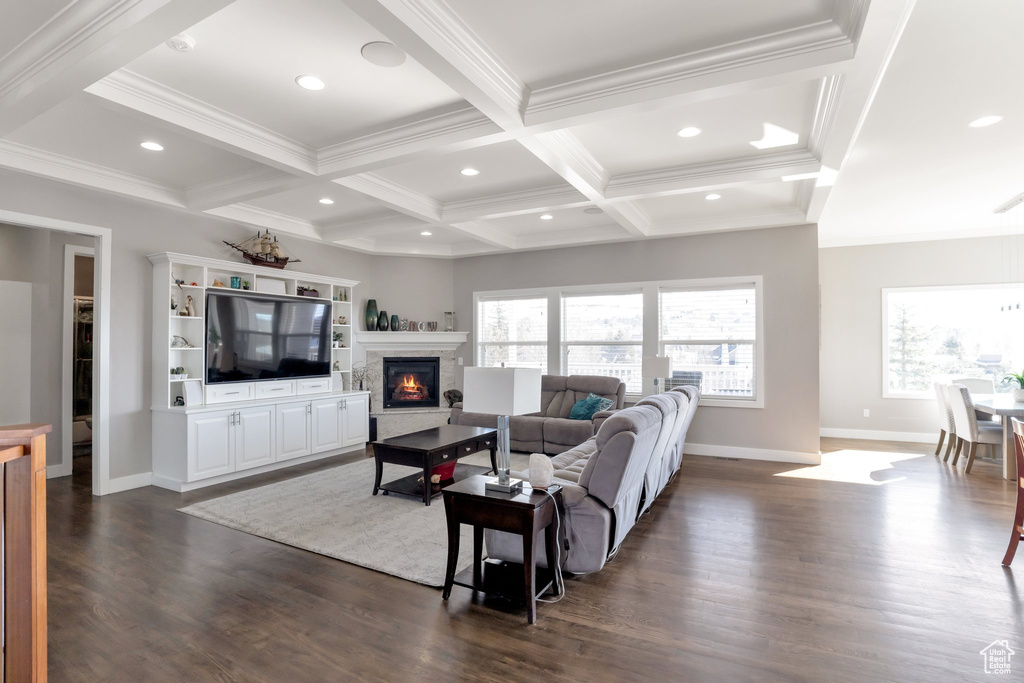 Living room featuring coffered ceiling, dark hardwood / wood-style flooring, and plenty of natural light