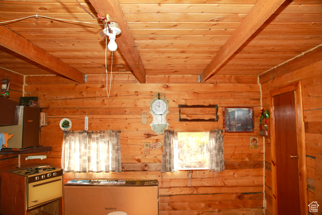 Kitchen with wood walls, wooden ceiling, and beam ceiling