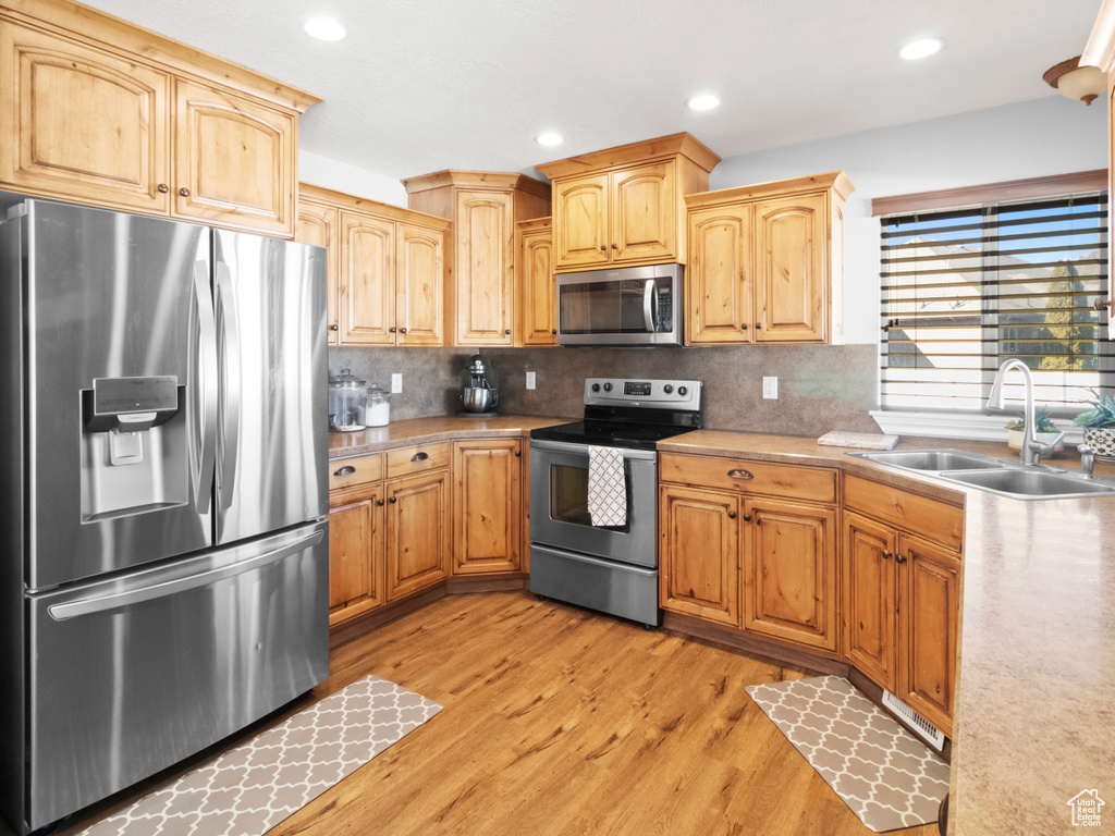 Kitchen with stainless steel appliances, sink, light hardwood / wood-style floors, and tasteful backsplash