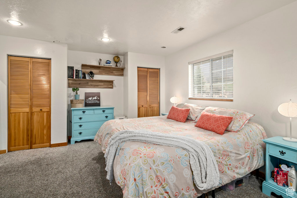 Carpeted bedroom featuring a closet