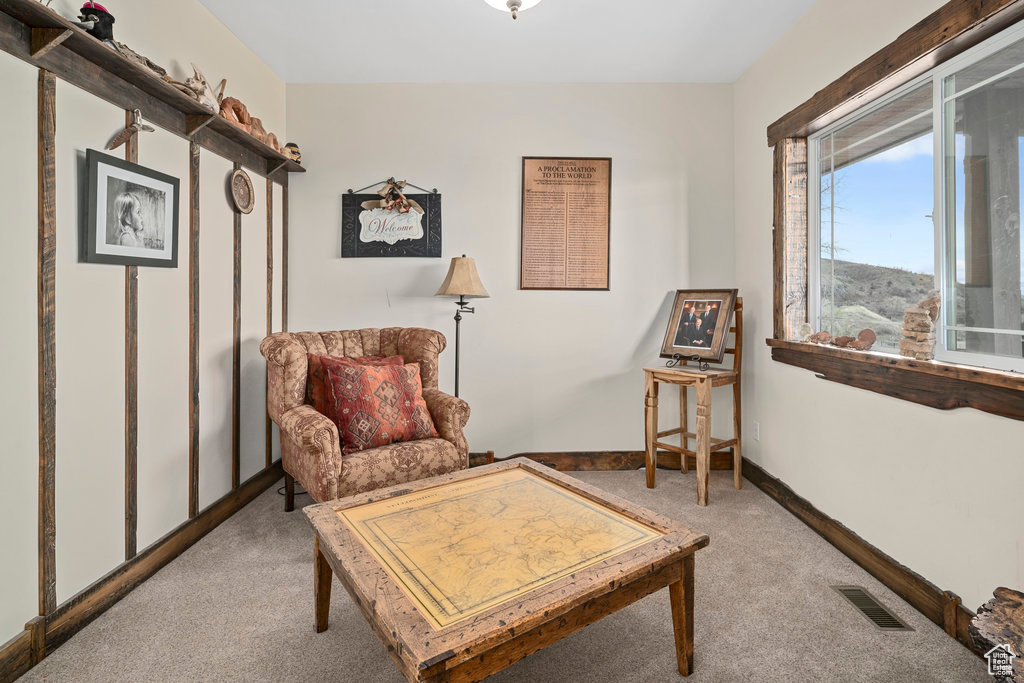 Sitting room with light colored carpet