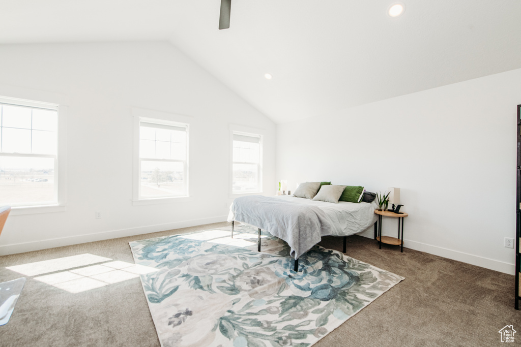 Carpeted bedroom featuring ceiling fan, multiple windows, and lofted ceiling
