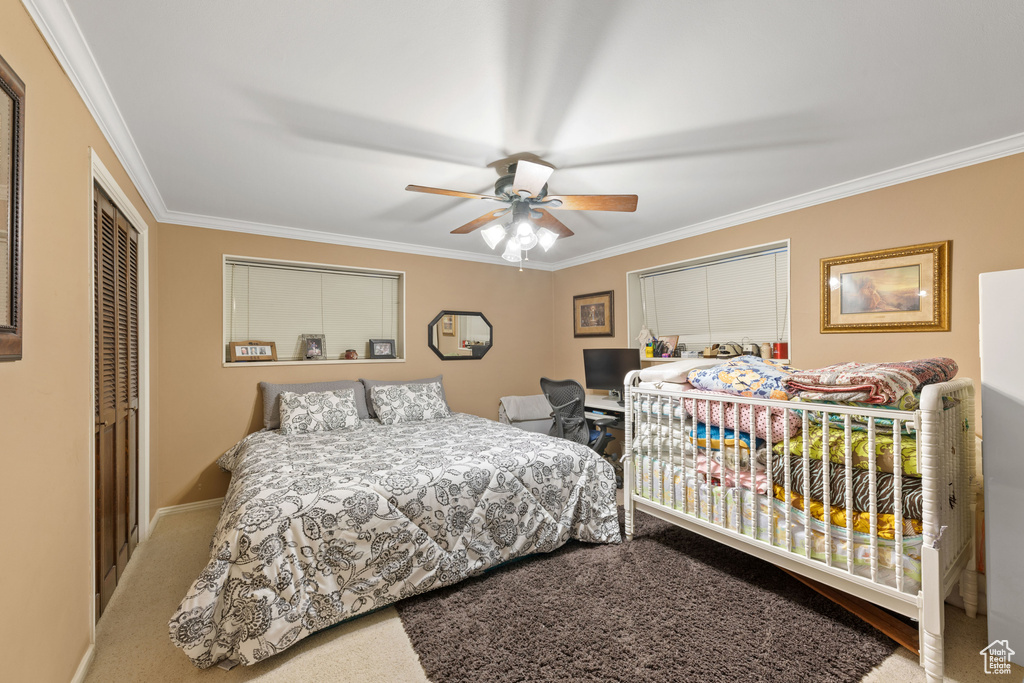 Bedroom featuring carpet, a closet, crown molding, and ceiling fan