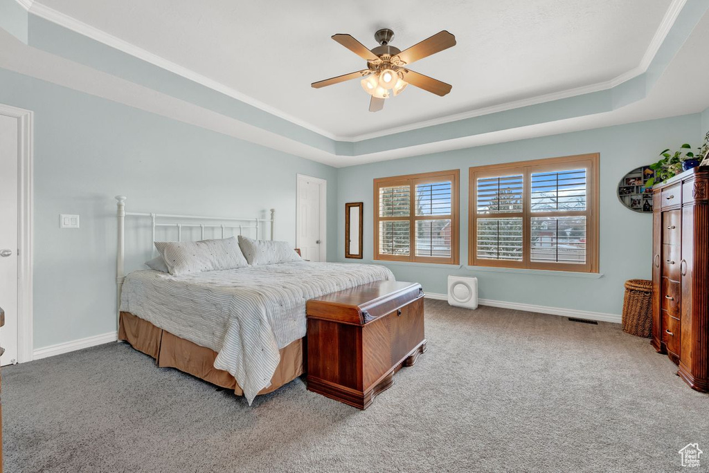 Bedroom with carpet, ornamental molding, a tray ceiling, and ceiling fan