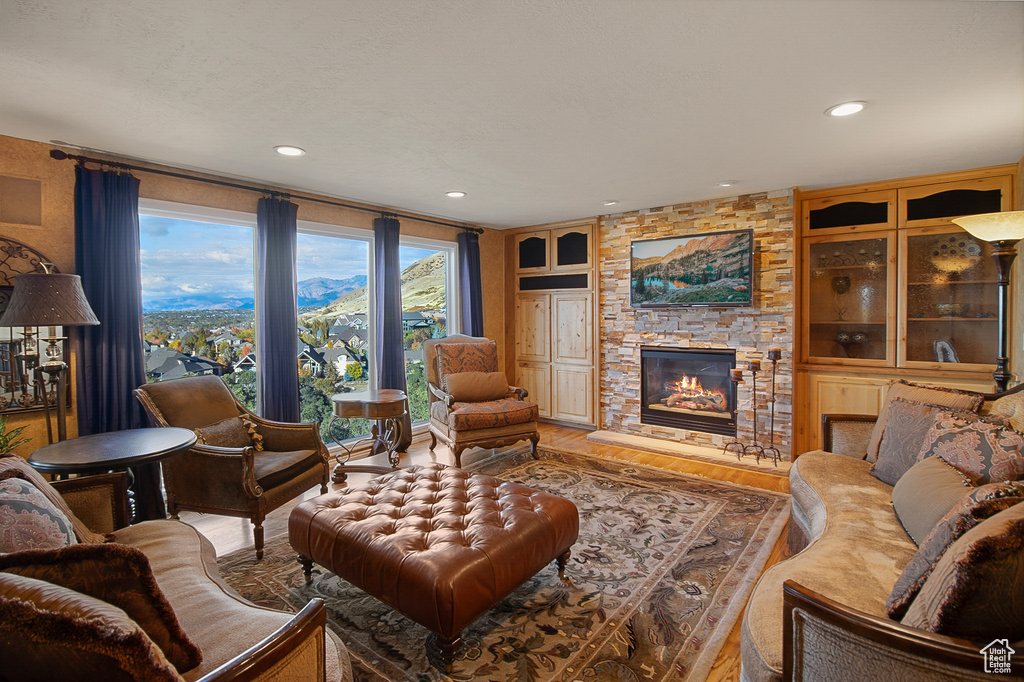 Living room featuring a mountain view, a fireplace, and hardwood / wood-style floors