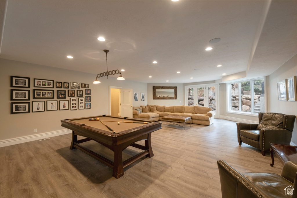 Rec room featuring light wood-type flooring and pool table
