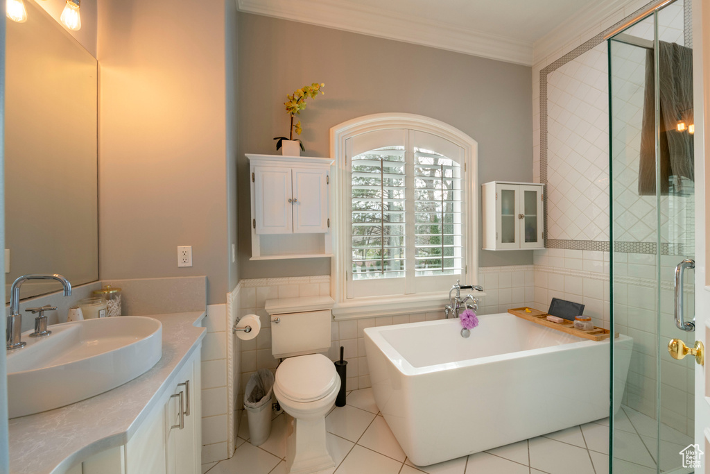 Full bathroom featuring large vanity, tile walls, ornamental molding, tile floors, and toilet