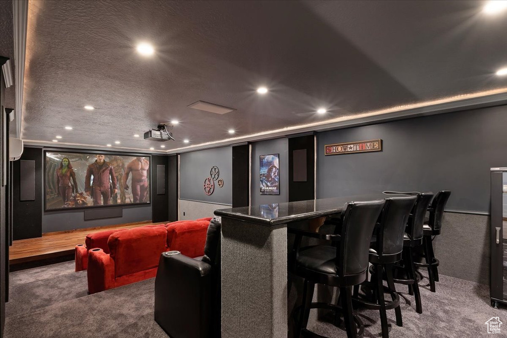 Cinema room featuring bar area, dark colored carpet, and a textured ceiling