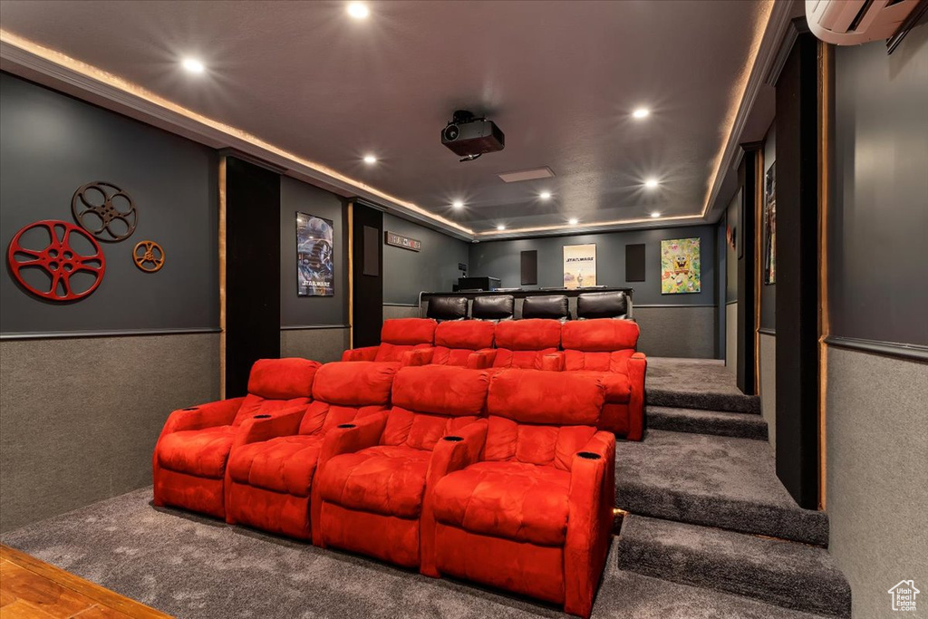 Cinema with carpet and an AC wall unit