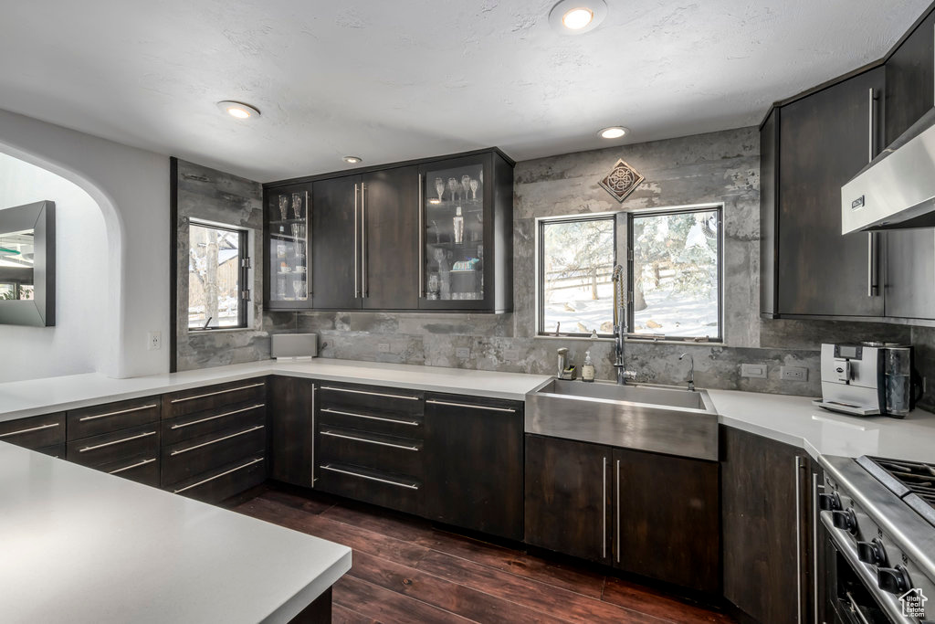 Kitchen with wall chimney exhaust hood, dark hardwood / wood-style floors, sink, and plenty of natural light