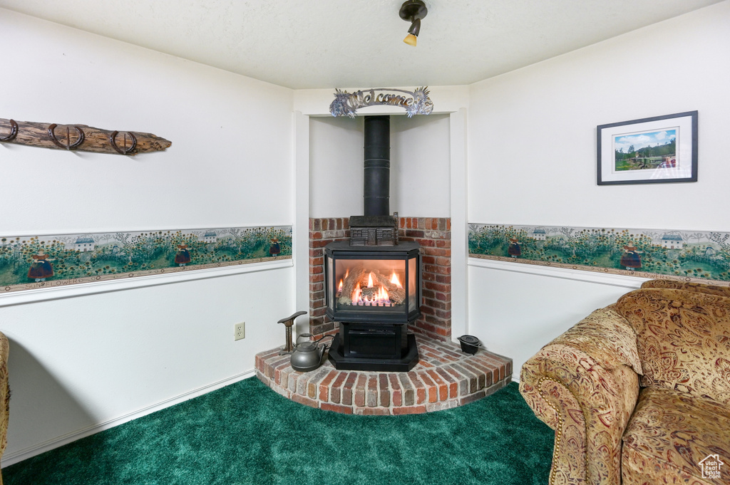 Carpeted living room featuring a wood stove
