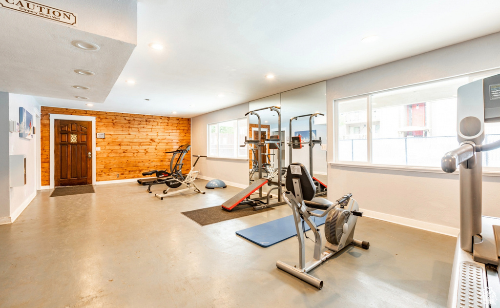 Exercise room with wood walls