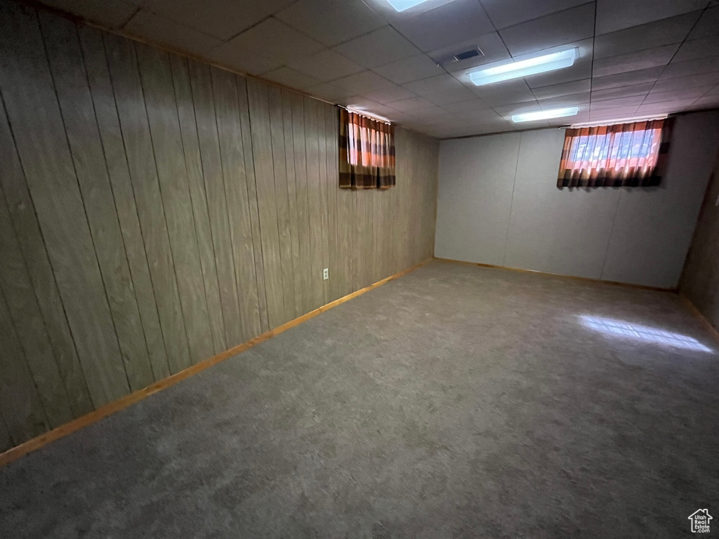 Basement featuring a drop ceiling and carpet flooring