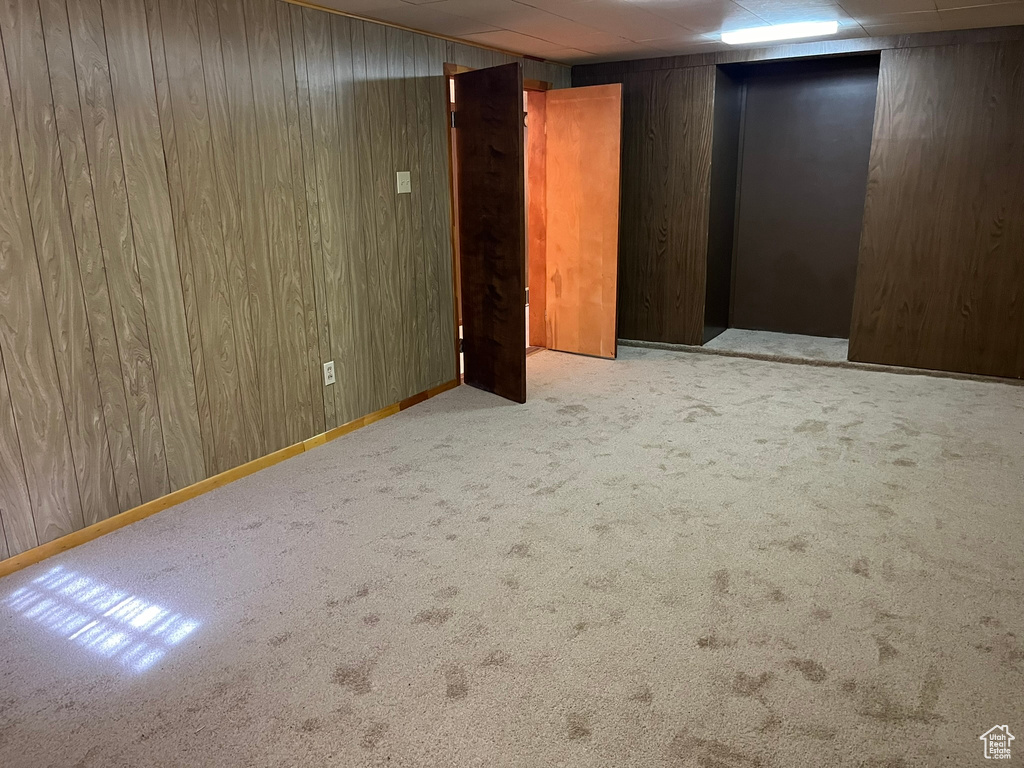 Basement with wood walls and light colored carpet